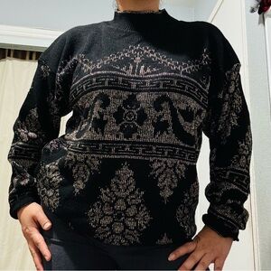 Arielle Women Vintage Black‎ & Gold Glitter Crewneck Sweater Ornate Pattern Sz M